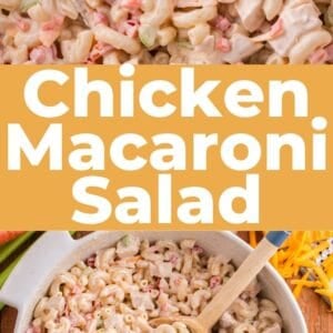 Pinterest graphic of chicken macaroni salad with text overlay.