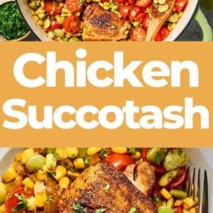 Pinterest graphic of chicken succotash skillet with text overlay.