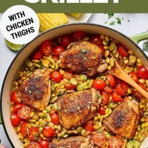 Pinterest graphic of chicken succotash skillet with text overlay.