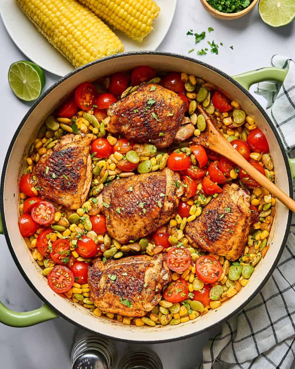 Chicken succotash skillet with a wooden spoon.