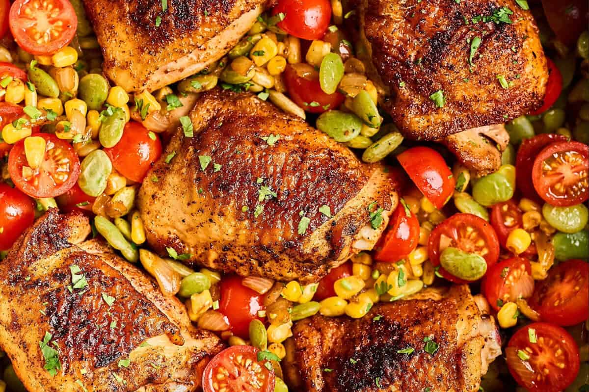 Close-up of chicken succotash skillet.