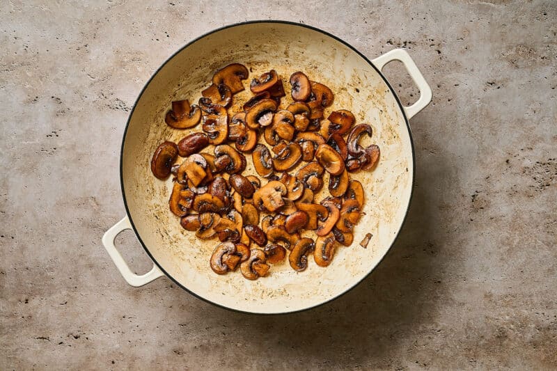 Browned mushrooms in a skillet.