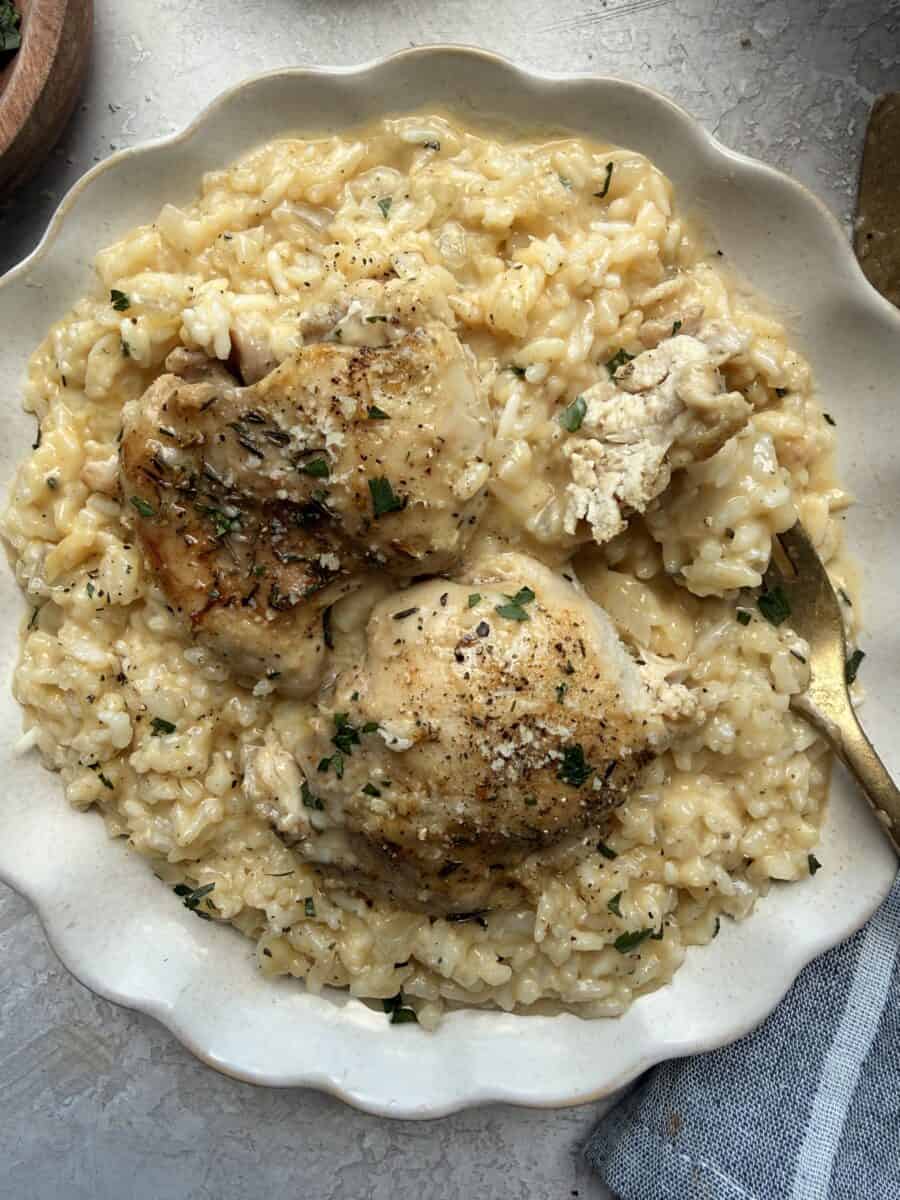 A serving of creamy baked chicken and rice.