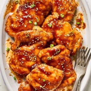 A plate of shoyu chicken.