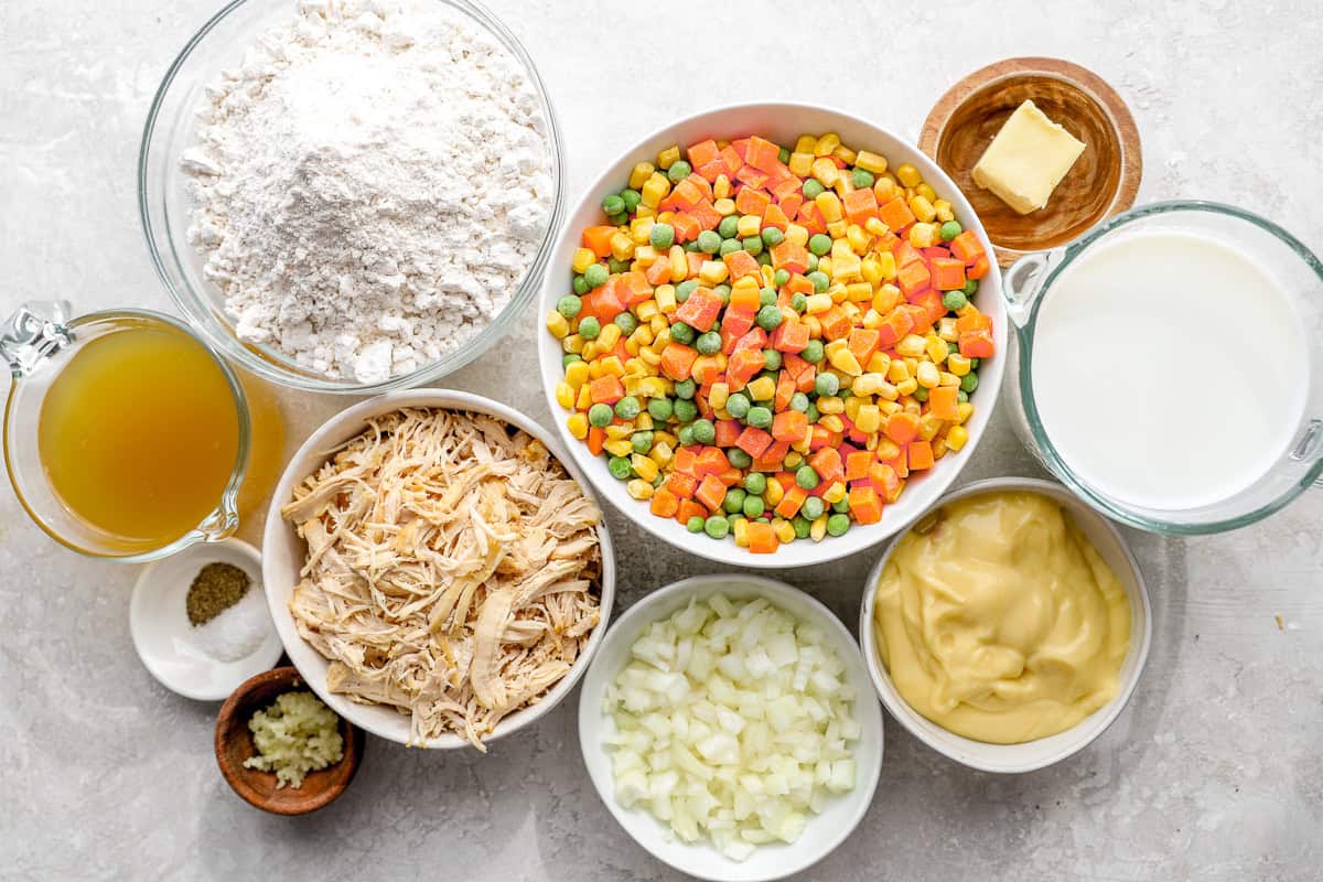 Ingredients for chicken cobbler, featuring butter, onion, salt, pepper, garlic, frozen mixed vegetables, cream of chicken soup, chicken broth, all-purpose chicken seasoning, shredded chicken, biscuit mix, and milk.
