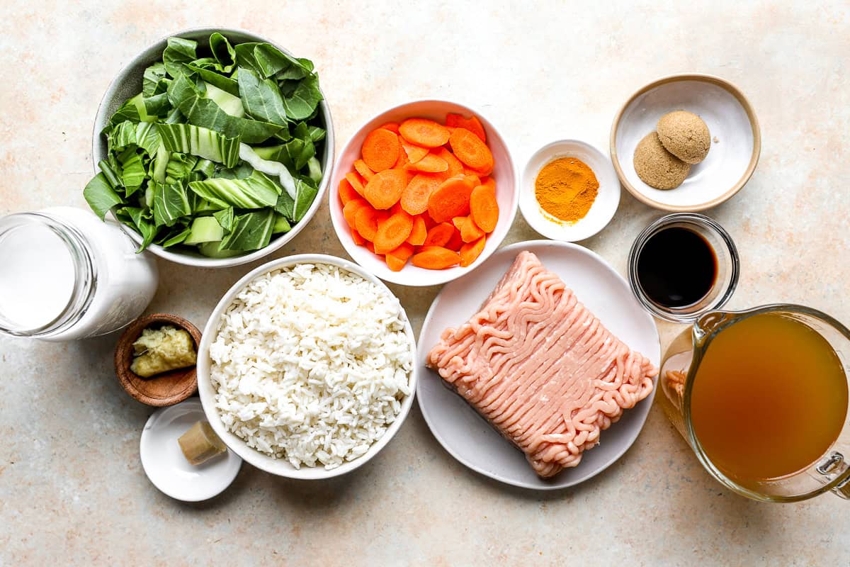 Ingredients for ground chicken broth bowls.