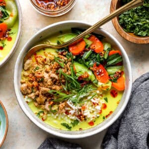 Ground chicken soup with ginger coconut broth.