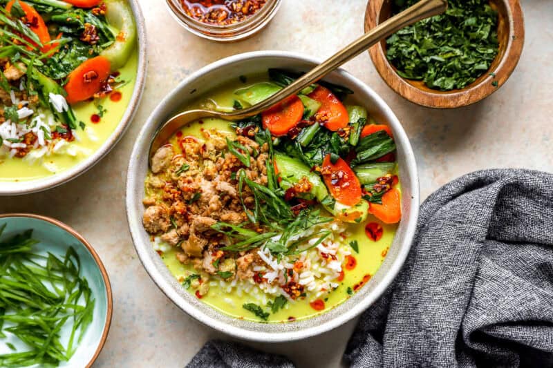 Ground chicken soup with ginger coconut broth.