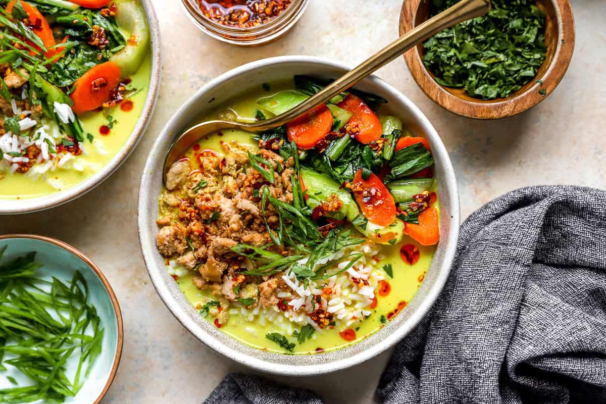 Ground chicken soup with ginger coconut broth.