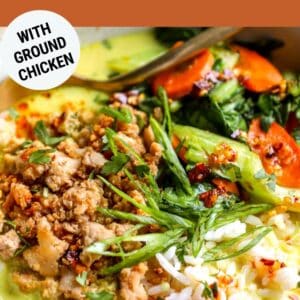 Pin: ginger coconut broth bowl with ground chicken.