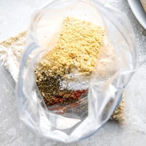 Breadcrumbs and seasonings in a resealable bag.