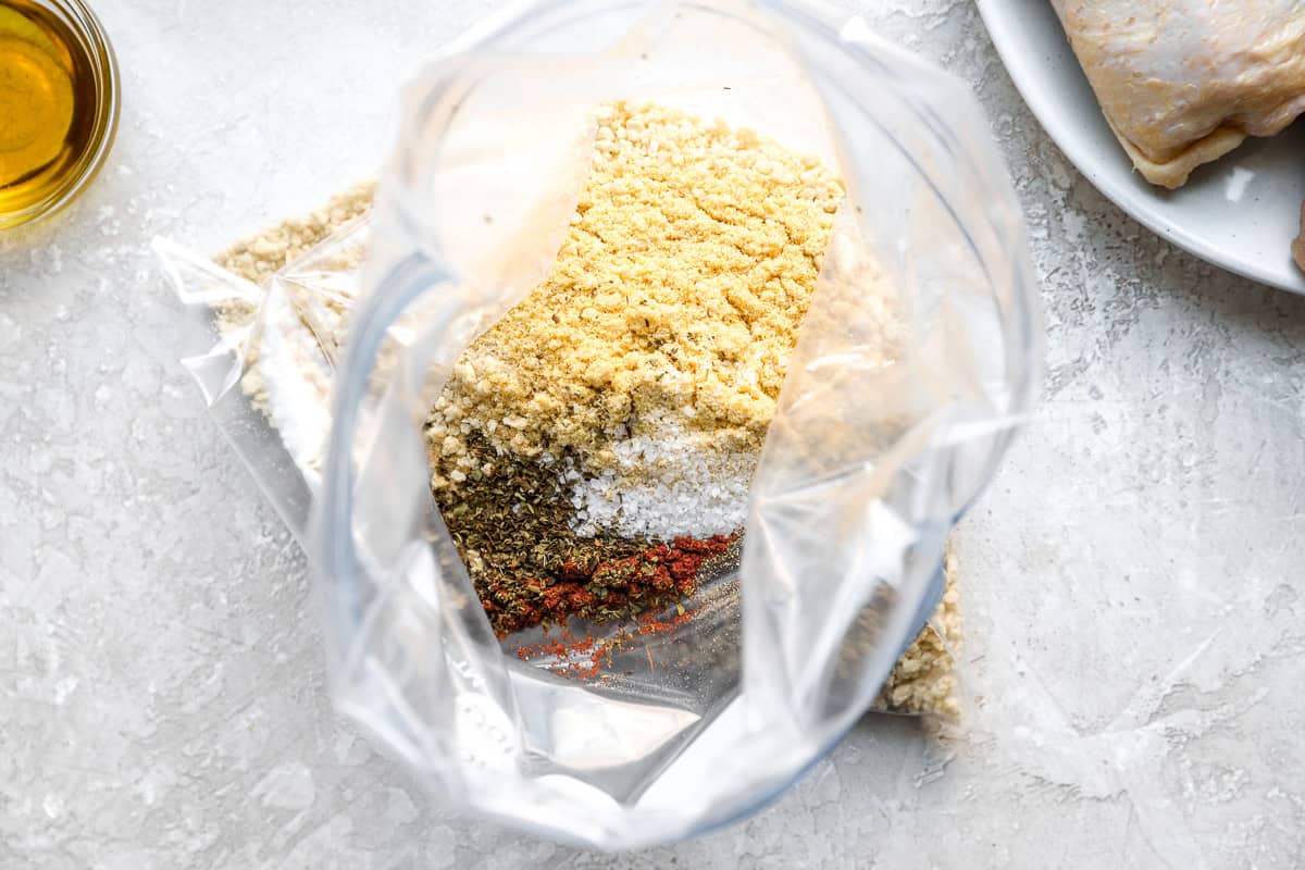 Breadcrumbs and seasonings in a resealable bag.