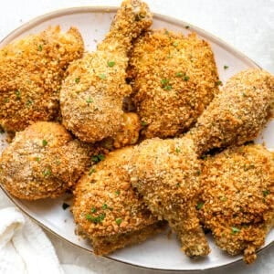 A platter of homemade shake and bake chicken.