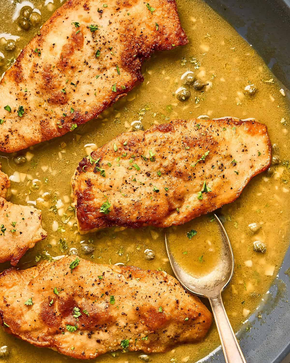 Lemon chicken scallopini in a pan with buttery piccata sauce.