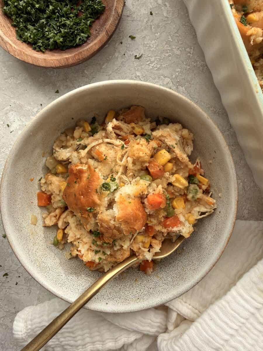 A serving of chicken pot pie cobbler.