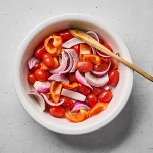 Seasoned Mediterranean veggies in a bowl.