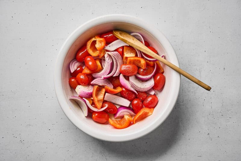 Seasoned Mediterranean veggies in a bowl.