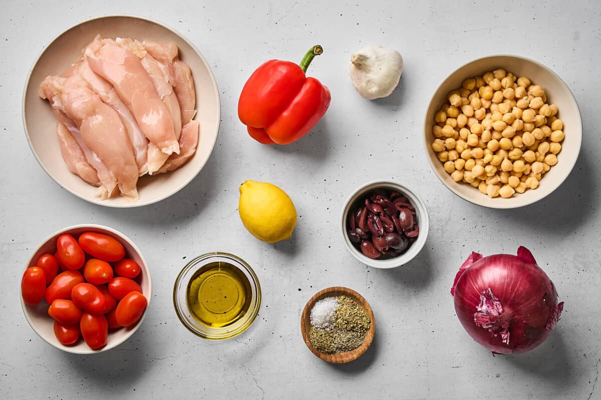 Ingredients for Greek chicken and chickpeas sheet pan meal.