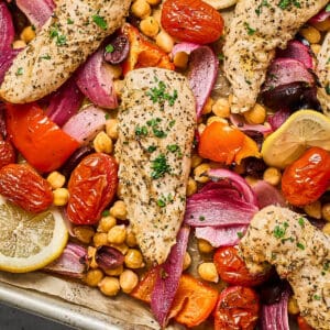Sheet pan Greek chicken and chickpeas.