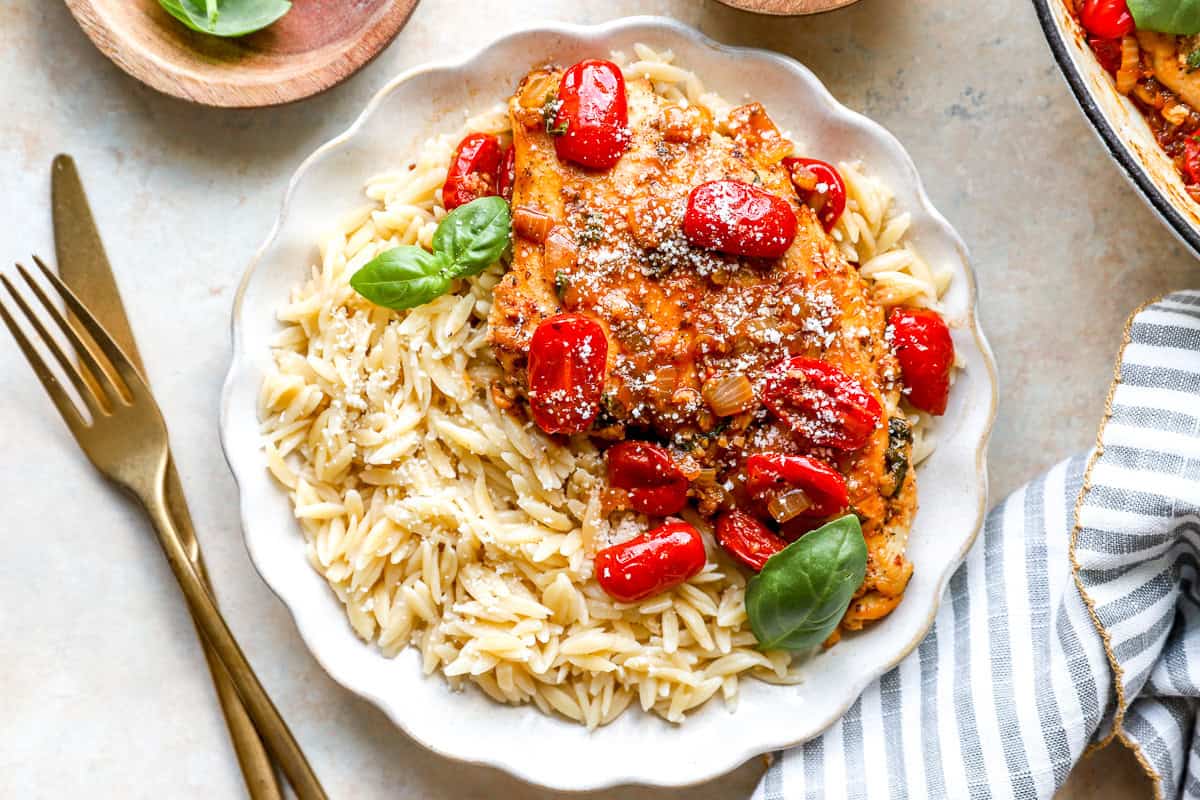A plate of tomato basil chicken served with orzo.