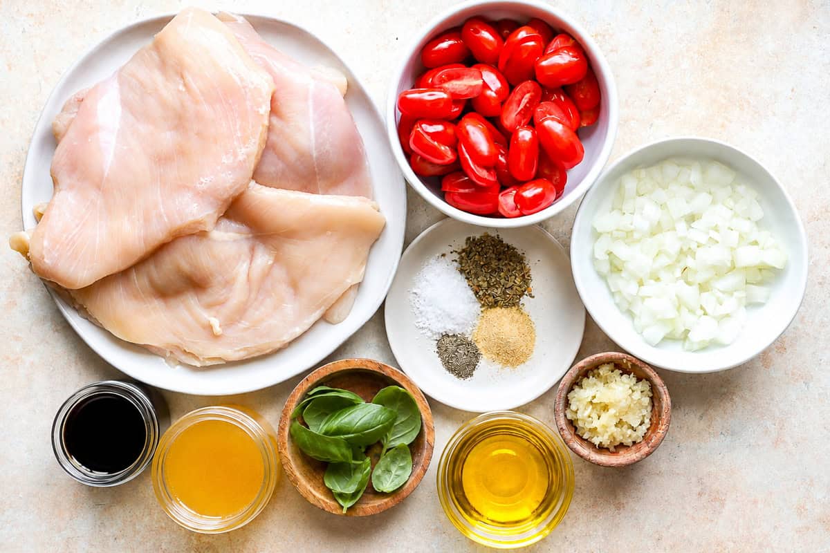 Ingredients for tomato basil chicken.