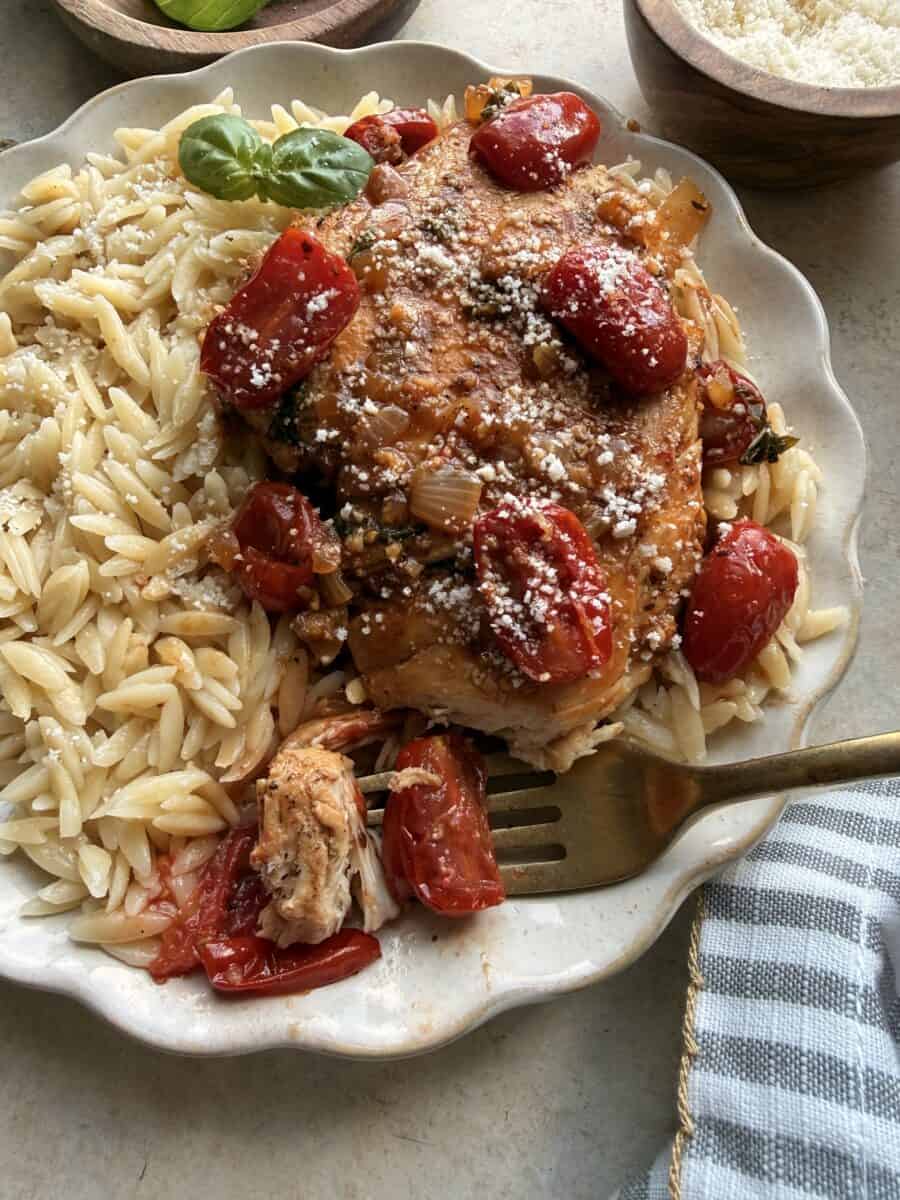 Eating a serving of tomato basil chicken with orzo.