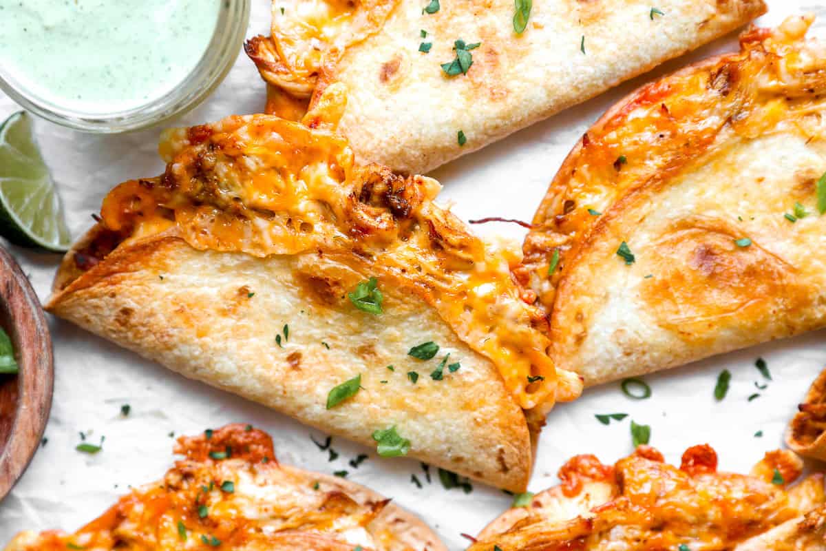 Cheesy baked chicken tacos.