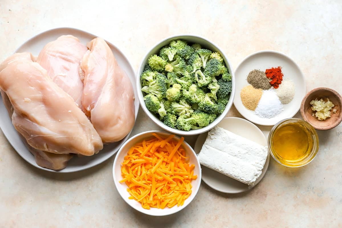 Ingredients for broccoli cheese stuffed chicken breasts.