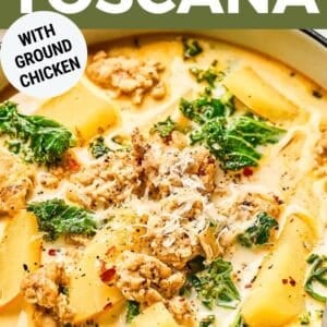 Pin: creamy Zuppa Toscana with ground chicken.