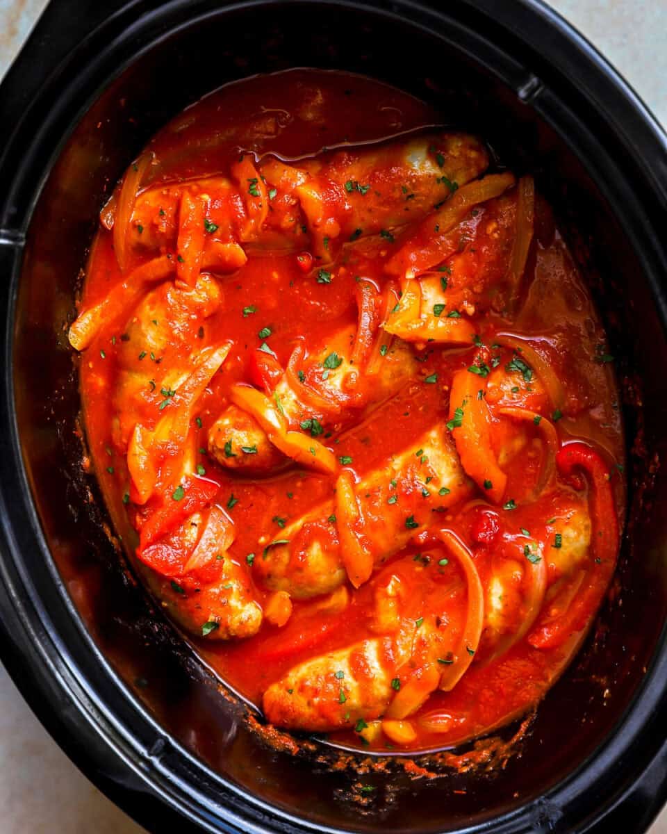 Crockpot chicken sausage and peppers in red sauce.