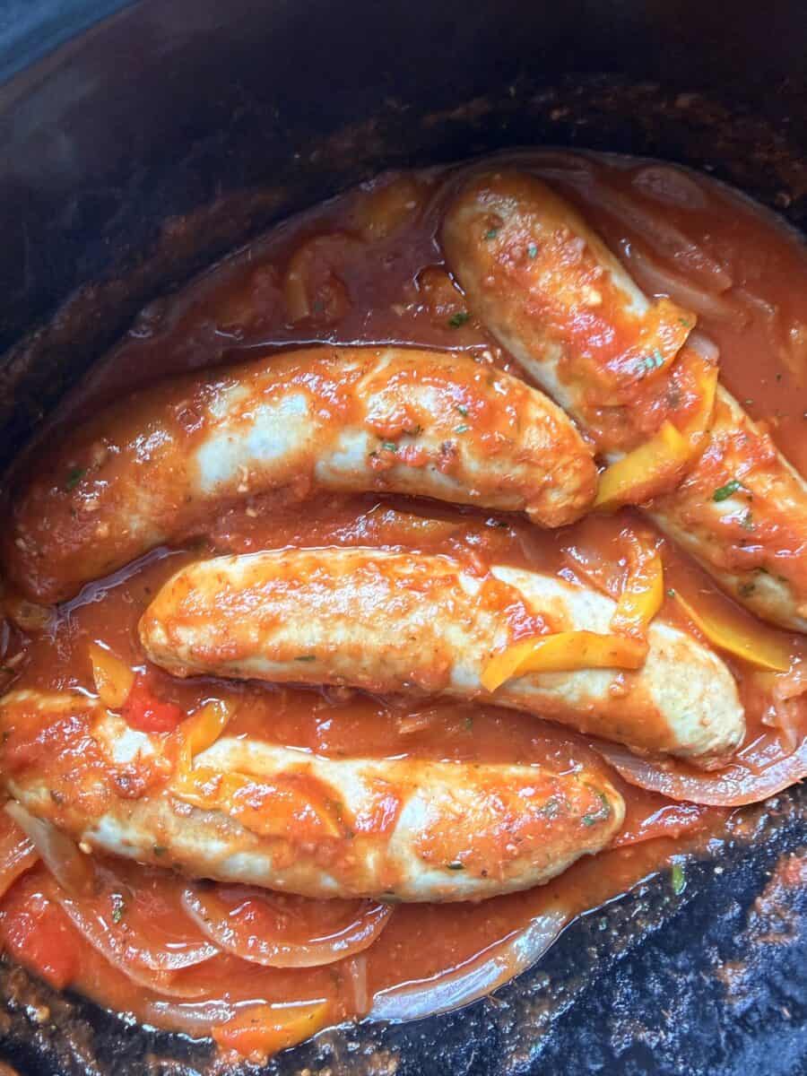 Chicken sausage and peppers in a Crockpot.