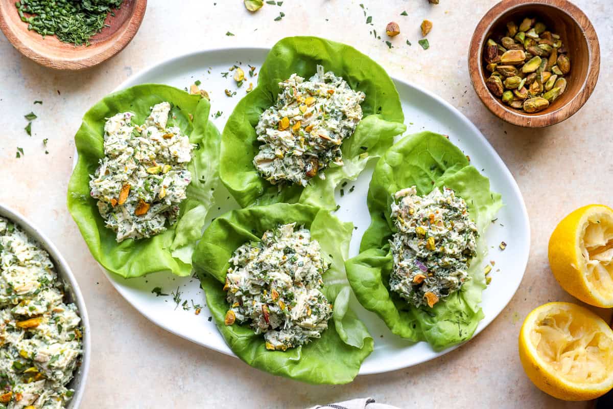 Green goddess chicken salad served in lettuce wraps.