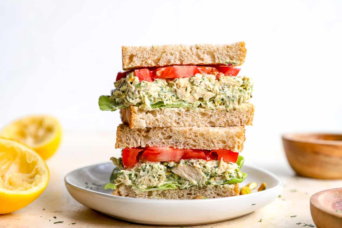 Green goddess chicken salad served on sandwiches.