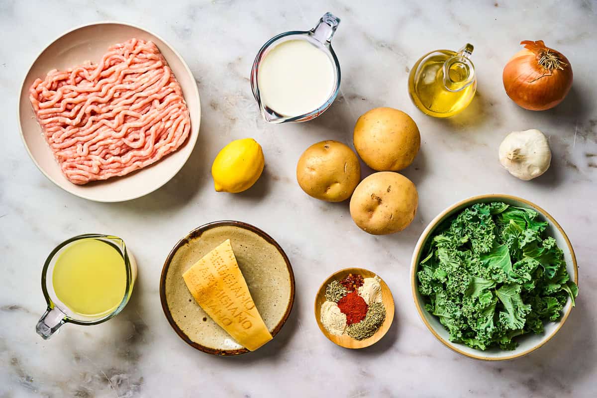 Ingredients for ground chicken Zuppa Toscana recipe.