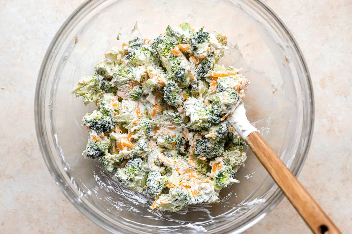 Creamy broccoli cheese filling combined in a bowl.