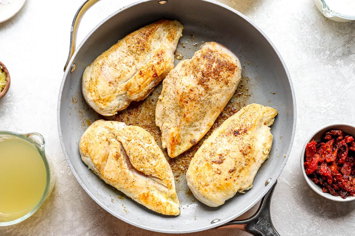 Browned chicken breasts in a pan.