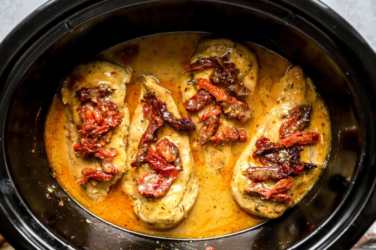 Marry me chicken cooked in a Crockpot.