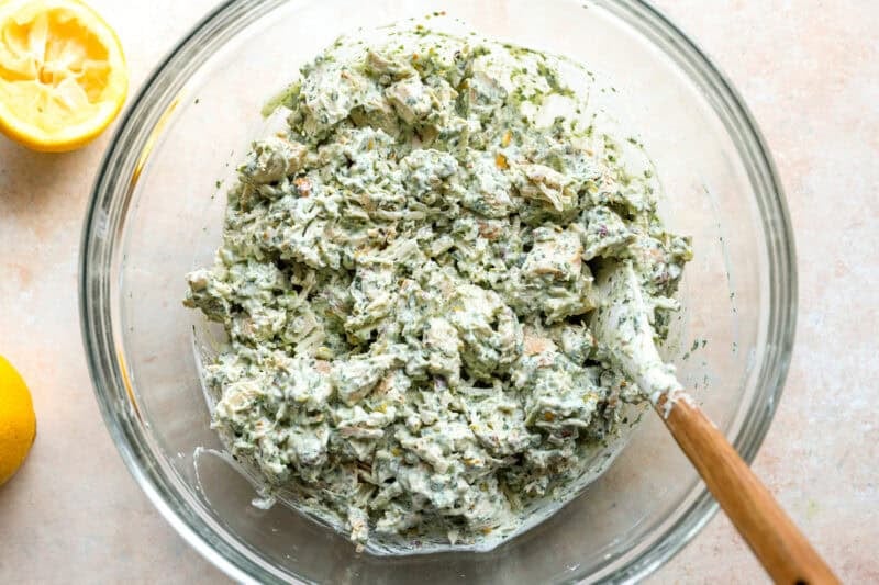Chicken salad mixture with green goddess dressing.