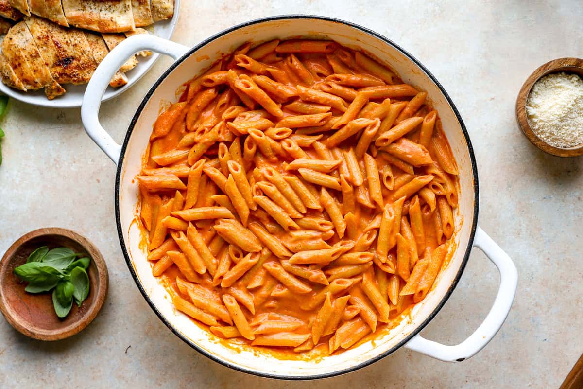 A pot of penne in vodka sauce.