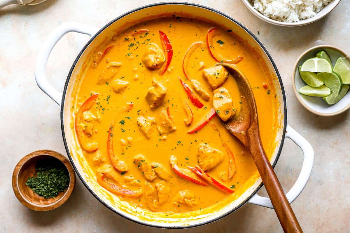 Thai pumpkin chicken curry with peppers.
