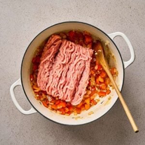Ground chicken added to a pot.