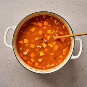 Sweet potato chili cooking in a pot.