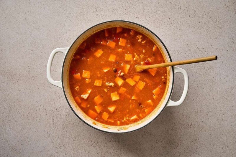 Sweet potato chili cooking in a pot.