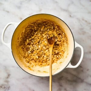 Sautéing onions in a pot.