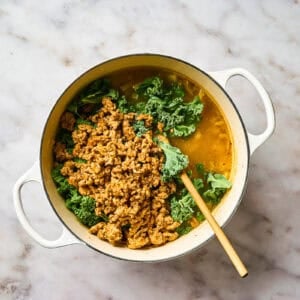 Ground chicken and kale added to soup broth.