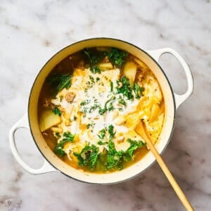 Cream added to pot of soup.