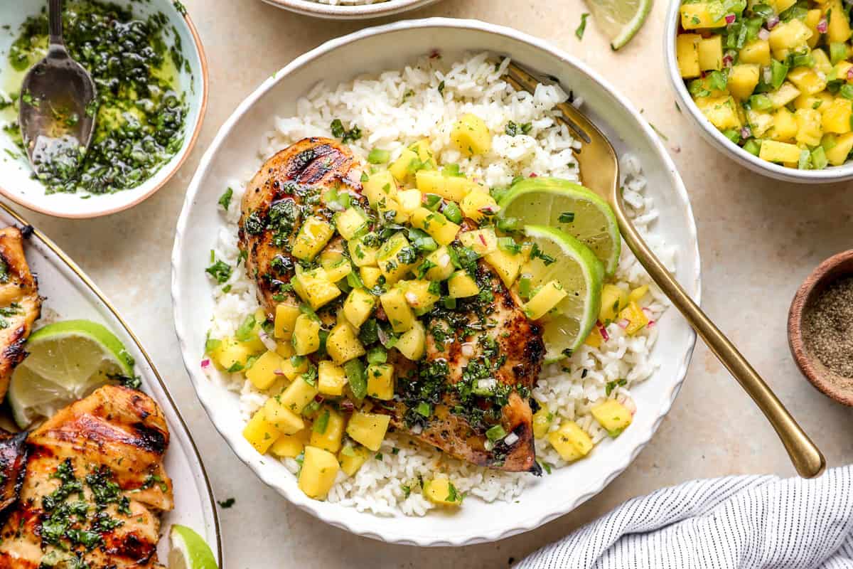 Mojito marinated chicken and mint sauce served with rice and salsa.