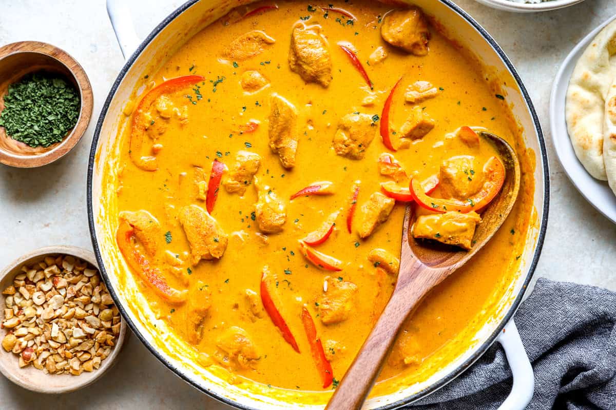 A pot of Thai pumpkin curry with chicken.