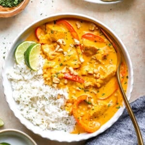 A bowl of chicken pumpkin curry with rice.