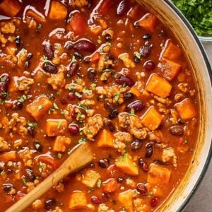 A pot of sweet potato chicken chili with beans.